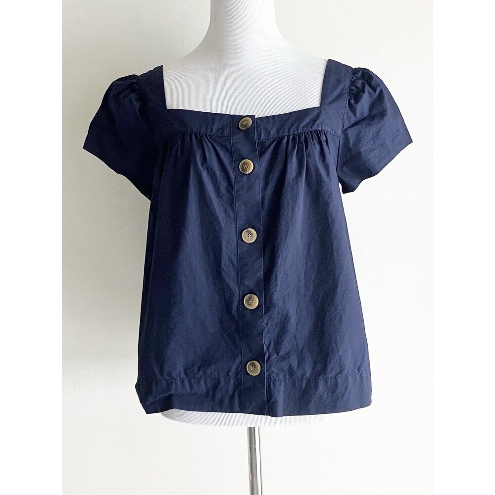 J Crew Blouse Womens Size XXS Navy Blue Square Neck Button Front Short Sleeve